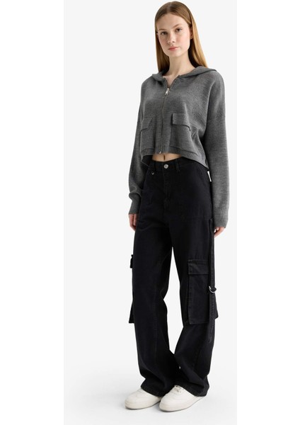 Regular Fit Kapüşonlu Basic Düz Fermuarlı Triko Hırka E2270AXNS