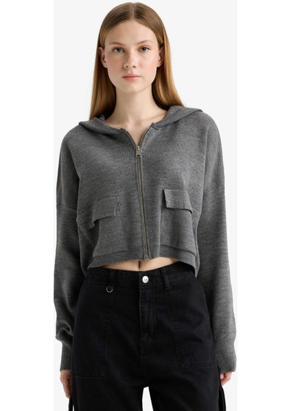 Regular Fit Kapüşonlu Basic Düz Fermuarlı Triko Hırka E2270AXNS