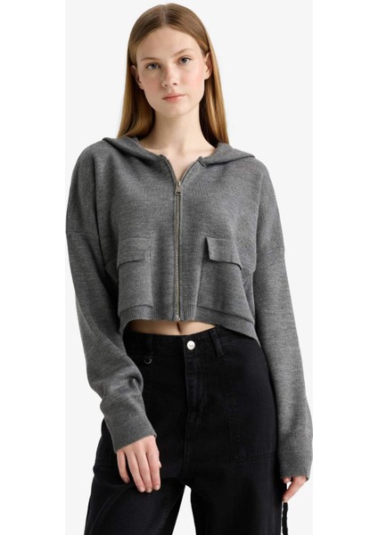 Regular Fit Kapüşonlu Basic Düz Fermuarlı Triko Hırka E2270AXNS