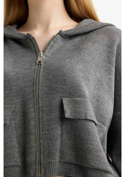 Regular Fit Kapüşonlu Basic Düz Fermuarlı Triko Hırka E2270AXNS