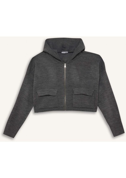 Regular Fit Kapüşonlu Basic Düz Fermuarlı Triko Hırka E2270AXNS