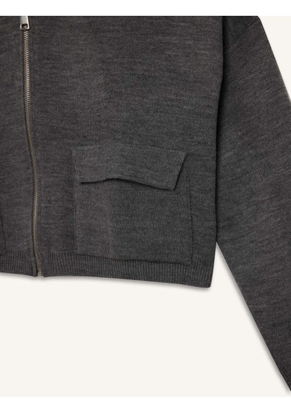 Regular Fit Kapüşonlu Basic Düz Fermuarlı Triko Hırka E2270AXNS