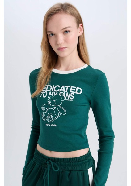 Fitted Baskılı Bisiklet Yaka Ribana Uzun Kollu Tişört E1531AX24WN