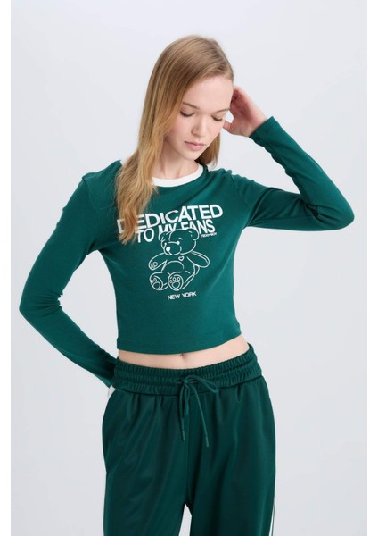 Fitted Baskılı Bisiklet Yaka Ribana Uzun Kollu Tişört E1531AX24WN