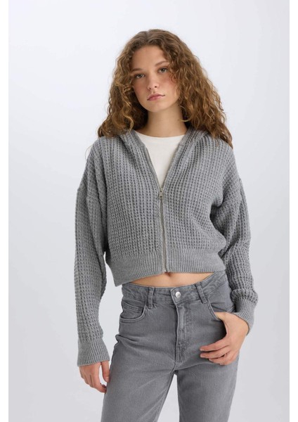 Regular Fit Kapüşonlu Fermuarlı Triko Hırka E2269AXNS