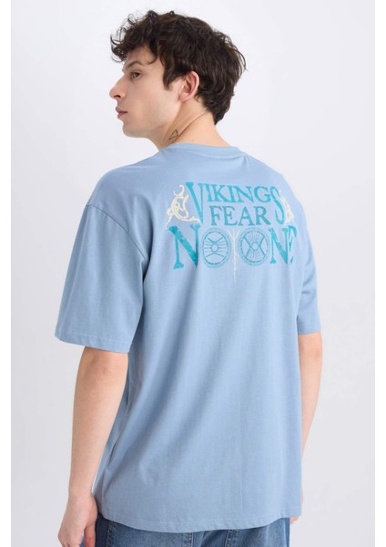 %100 Pamuk Vikings Valhalla Boxy Fit Bisiklet Yaka Sırt Baskılı Kısa Kollu Tişört E0434AX25SM