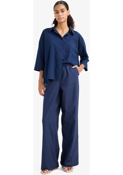 Wide Leg Çift Cepli Beli Lastikli Standart Boy Keten Karışımlı Pantolon E1981AX25SM