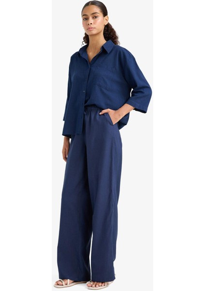 Wide Leg Çift Cepli Beli Lastikli Standart Boy Keten Karışımlı Pantolon E1981AX25SM