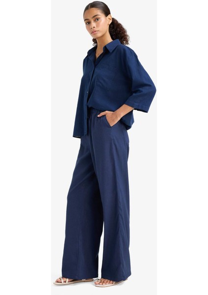 Wide Leg Çift Cepli Beli Lastikli Standart Boy Keten Karışımlı Pantolon E1981AX25SM