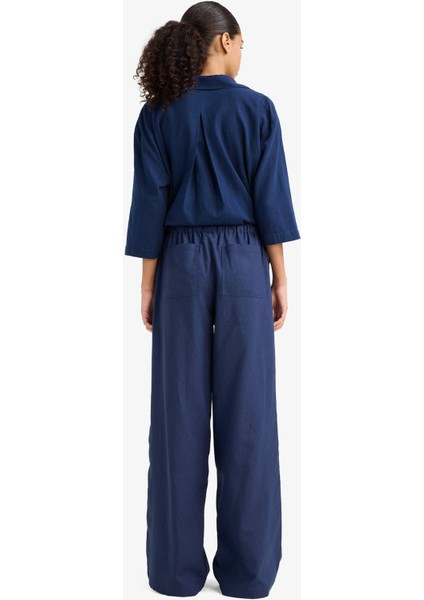 Wide Leg Çift Cepli Beli Lastikli Standart Boy Keten Karışımlı Pantolon E1981AX25SM
