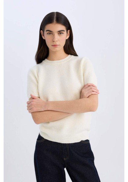 Regular Fit Bisiklet Yaka Basic Düz Triko Kısa Kollu Tişört Kazak E3214AX24WN