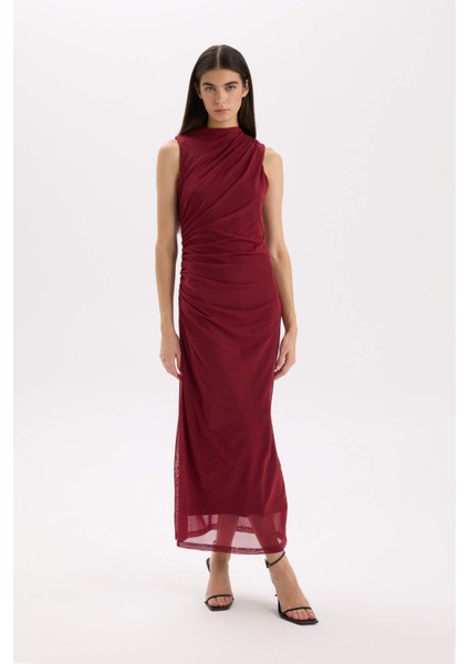 Bodycon Vücudu Saran Yarım Balıkçı Yaka Basic Düz Tül Kolsuz Maxi Abiye Elbise C3519AX24AU