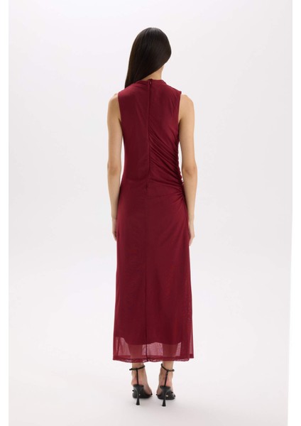 Bodycon Vücudu Saran Yarım Balıkçı Yaka Basic Düz Tül Kolsuz Maxi Abiye Elbise C3519AX24AU