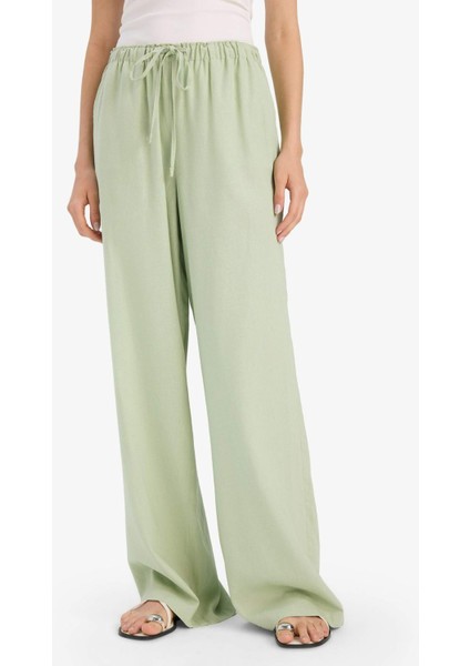 Wide Leg Çift Cepli Beli Lastikli Standart Boy Keten Karışımlı Pantolon E1981AX25SM