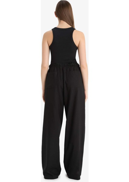 Wide Leg Çift Cepli Beli Lastikli Standart Boy Keten Karışımlı Siyah Pantolon E1981AX25SM