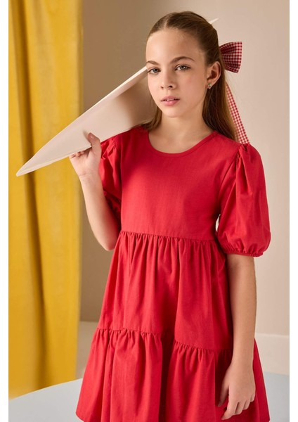 Kız Çocuk Bisiklet Yaka Pamuklu Kısa Kollu Kırmızı Yazlık Elbise B6927A825SM