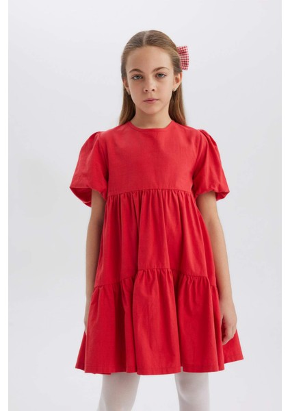Kız Çocuk Bisiklet Yaka Pamuklu Kısa Kollu Kırmızı Yazlık Elbise B6927A825SM