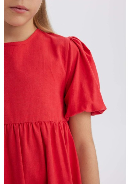 Kız Çocuk Bisiklet Yaka Pamuklu Kısa Kollu Kırmızı Yazlık Elbise B6927A825SM