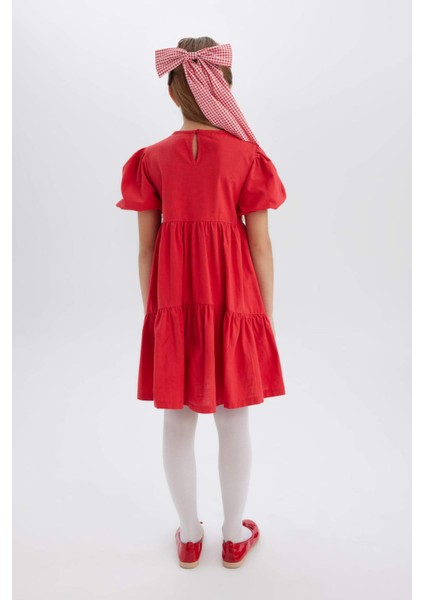 Kız Çocuk Bisiklet Yaka Pamuklu Kısa Kollu Kırmızı Yazlık Elbise B6927A825SM