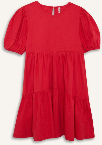Kız Çocuk Bisiklet Yaka Pamuklu Kısa Kollu Kırmızı Yazlık Elbise B6927A825SM