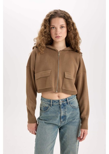 Regular Fit Kapüşonlu Basic Düz Fermuarlı Triko Hırka E2270AXNS