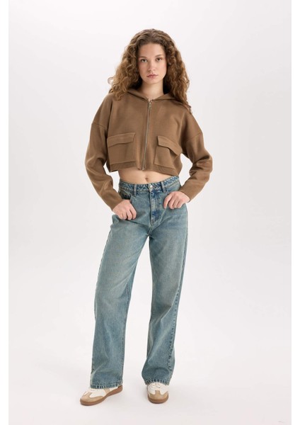 Regular Fit Kapüşonlu Basic Düz Fermuarlı Triko Hırka E2270AXNS