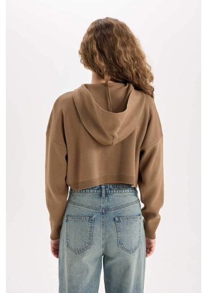 Regular Fit Kapüşonlu Basic Düz Fermuarlı Triko Hırka E2270AXNS