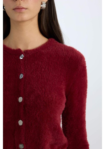 Regular Fit Bisiklet Yaka Düğmeli Triko Bordo Hırka E2428AX24WN