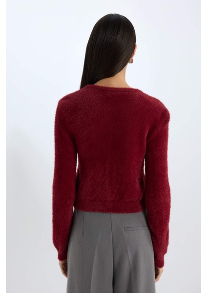 Regular Fit Bisiklet Yaka Düğmeli Triko Bordo Hırka E2428AX24WN