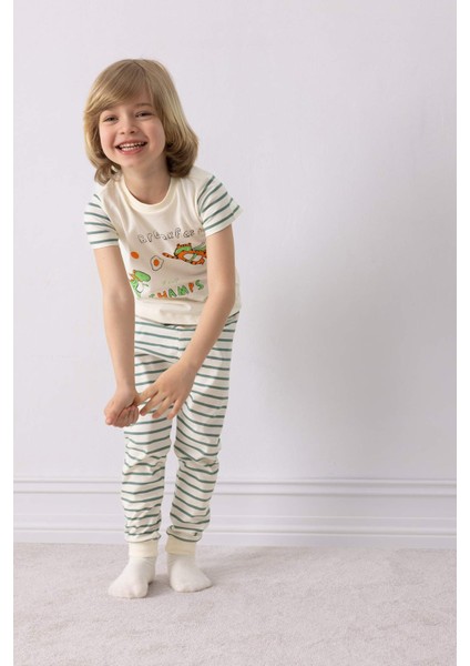 Erkek Bebek Pijama Takımı Baskılı Kısa Kollu Penye Üst Çizgili Uzun Alt E0757A525SM