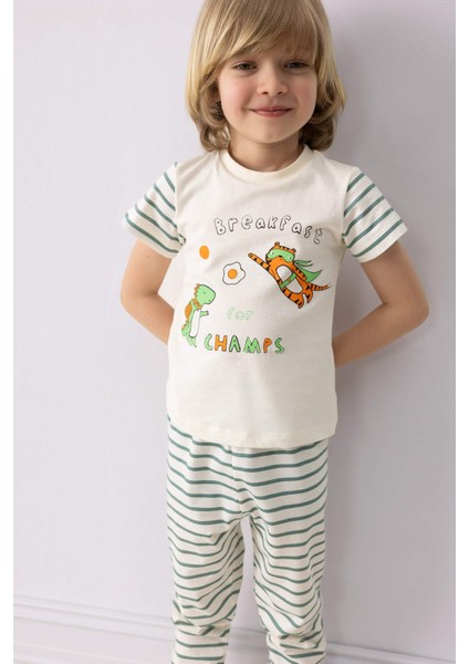 Erkek Bebek Pijama Takımı Baskılı Kısa Kollu Penye Üst Çizgili Uzun Alt E0757A525SM