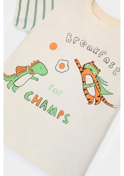 Erkek Bebek Pijama Takımı Baskılı Kısa Kollu Penye Üst Çizgili Uzun Alt E0757A525SM