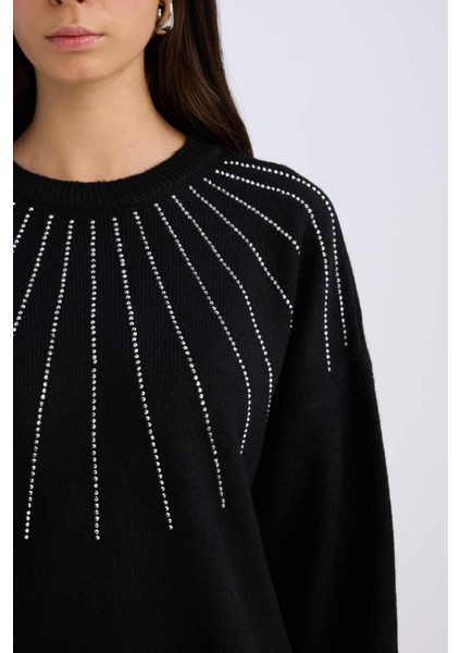 Oversize Geniş Kalıp Bisiklet Yaka Yumuşak Dokulu Taşlı Triko Kazak E2250AX24WN