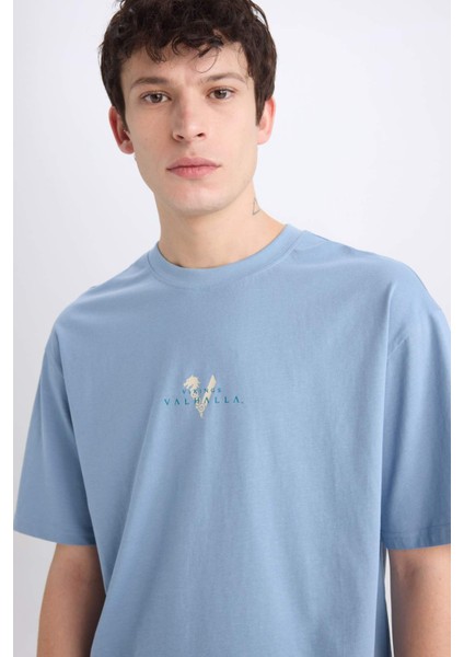 %100 Pamuk Vikings Valhalla Boxy Fit Bisiklet Yaka Sırt Baskılı Kısa Kollu Tişört E0434AX25SM