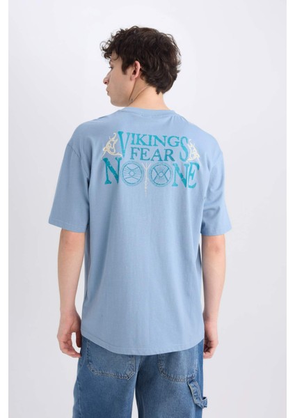 %100 Pamuk Vikings Valhalla Boxy Fit Bisiklet Yaka Sırt Baskılı Kısa Kollu Tişört E0434AX25SM