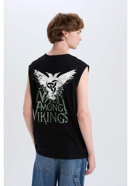 %100 Pamuk Vikings Valhalla Boxy Fit Bisiklet Yaka Sırt Baskılı Atlet E3320AX25SM