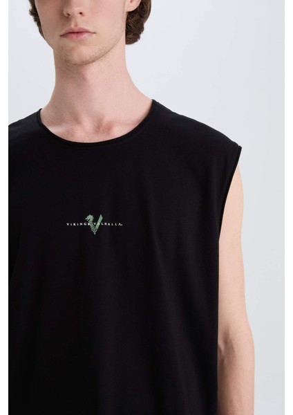 %100 Pamuk Vikings Valhalla Boxy Fit Bisiklet Yaka Sırt Baskılı Atlet E3320AX25SM