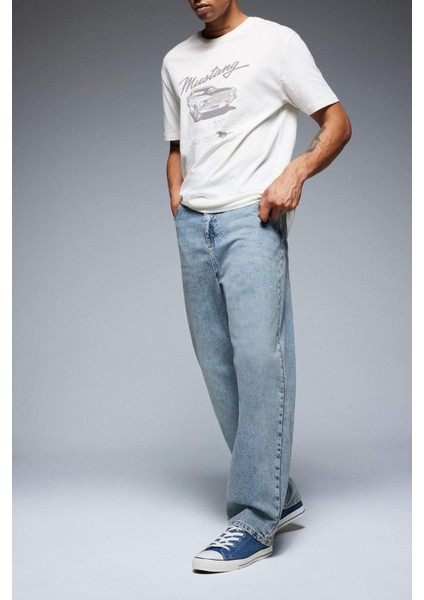 %100 Pamuk Baggy Fit Geniş Kalıp Normal Bel Geniş Paça Jean Yıkamalı Pantolon B3926AX25SP