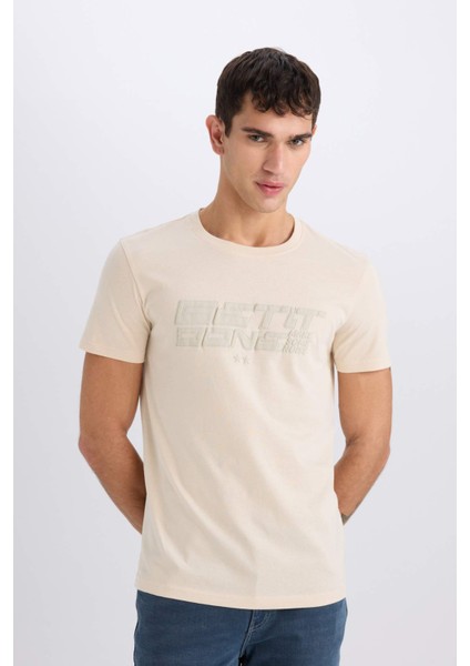 %100 Pamuk Slim Fit Dar Kesim Bisiklet Yaka Baskılı Kısa Kollu Tişört E0577AX25SM