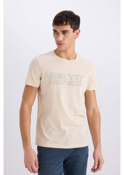 %100 Pamuk Slim Fit Dar Kesim Bisiklet Yaka Baskılı Kısa Kollu Tişört E0577AX25SM