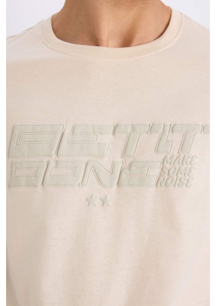 %100 Pamuk Slim Fit Dar Kesim Bisiklet Yaka Baskılı Kısa Kollu Tişört E0577AX25SM