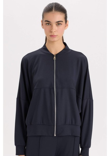 Kolej Yaka Fermuarlı Cepli Basic Düz Bomber Hırka E3952AX24WN