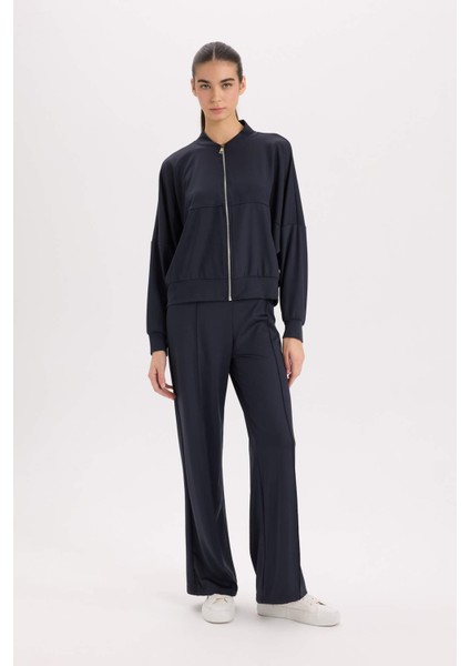 Kolej Yaka Fermuarlı Cepli Basic Düz Bomber Hırka E3952AX24WN