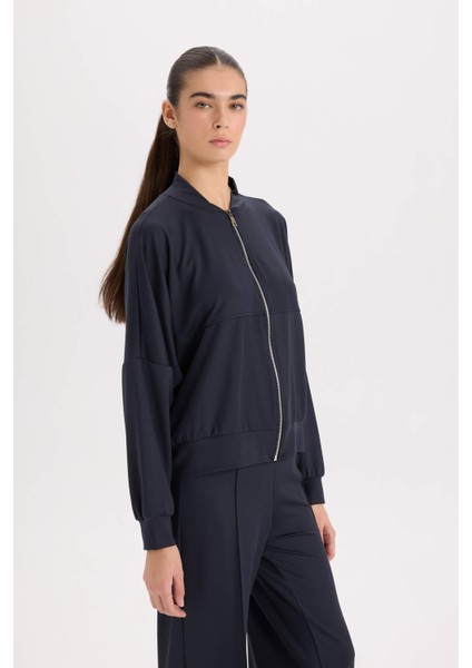 Kolej Yaka Fermuarlı Cepli Basic Düz Bomber Hırka E3952AX24WN