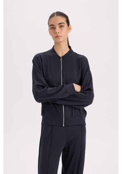 Kolej Yaka Fermuarlı Cepli Basic Düz Bomber Hırka E3952AX24WN