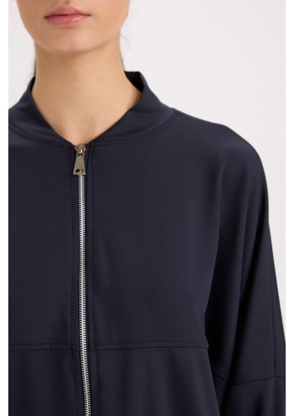 Kolej Yaka Fermuarlı Cepli Basic Düz Bomber Hırka E3952AX24WN