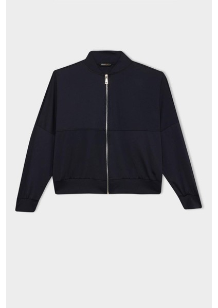 Kolej Yaka Fermuarlı Cepli Basic Düz Bomber Hırka E3952AX24WN