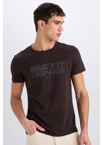 %100 Pamuk Slim Fit Dar Kesim Bisiklet Yaka Baskılı Kısa Kollu Tişört E0577AX25SM