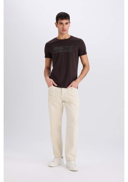 %100 Pamuk Slim Fit Dar Kesim Bisiklet Yaka Baskılı Kısa Kollu Tişört E0577AX25SM