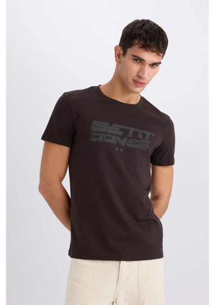 %100 Pamuk Slim Fit Dar Kesim Bisiklet Yaka Baskılı Kısa Kollu Tişört E0577AX25SM